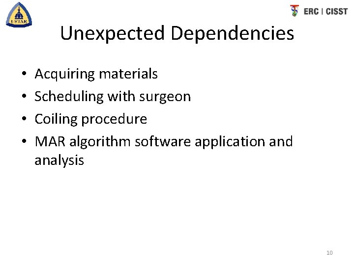 Unexpected Dependencies • • Acquiring materials Scheduling with surgeon Coiling procedure MAR algorithm software