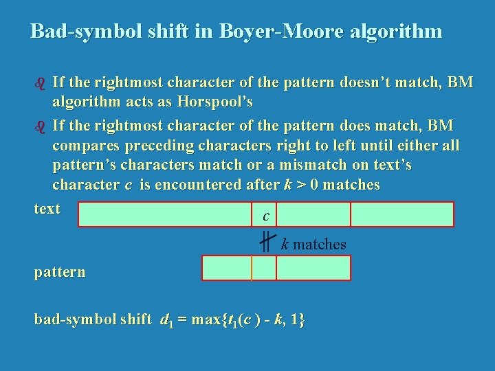 Bad-symbol shift in Boyer-Moore algorithm If the rightmost character of the pattern doesn’t match,