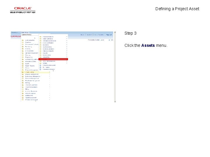 Defining a Project Asset Step 3 Click the Assets menu. 