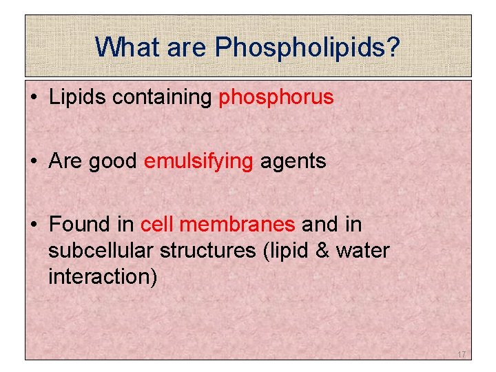 What are Phospholipids? • Lipids containing phosphorus • Are good emulsifying agents • Found