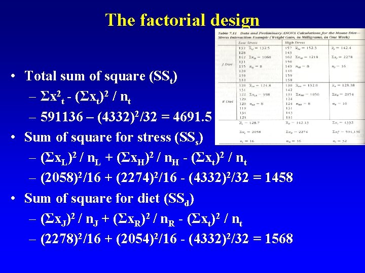The factorial design • Total sum of square (SSt) – Σx 2 t -