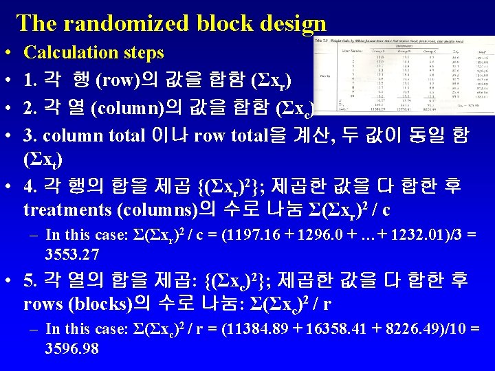 The randomized block design • • Calculation steps 1. 각 행 (row)의 값을 합함