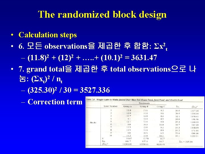 The randomized block design • Calculation steps • 6. 모든 observations을 제곱한 후 합함: