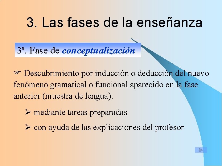 3. Las fases de la enseñanza 3ª. Fase de conceptualización F Descubrimiento por inducción