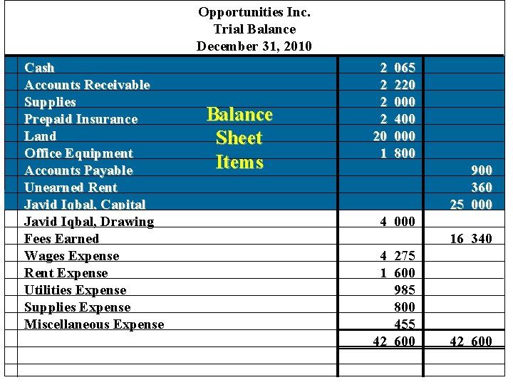 Opportunities Inc. Trial Balance December 31, 2010 Cash Accounts Receivable Supplies Prepaid Insurance Land Opportunities Inc. Trial Balance December 31, 2010 Cash Accounts Receivable Supplies Prepaid Insurance Land