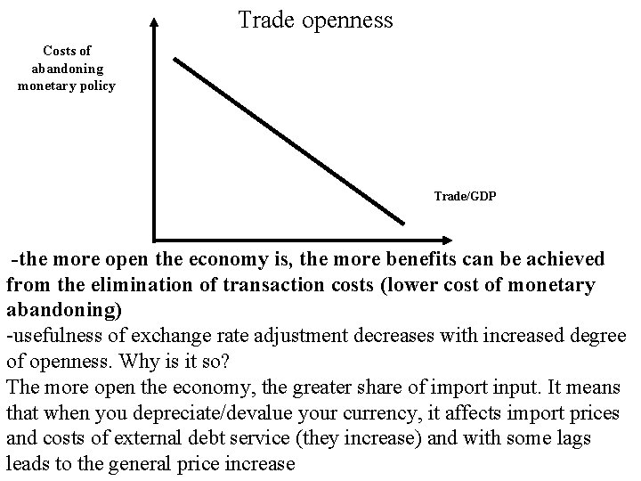 Trade openness Costs of abandoning monetary policy Trade/GDP -the more open the economy is,