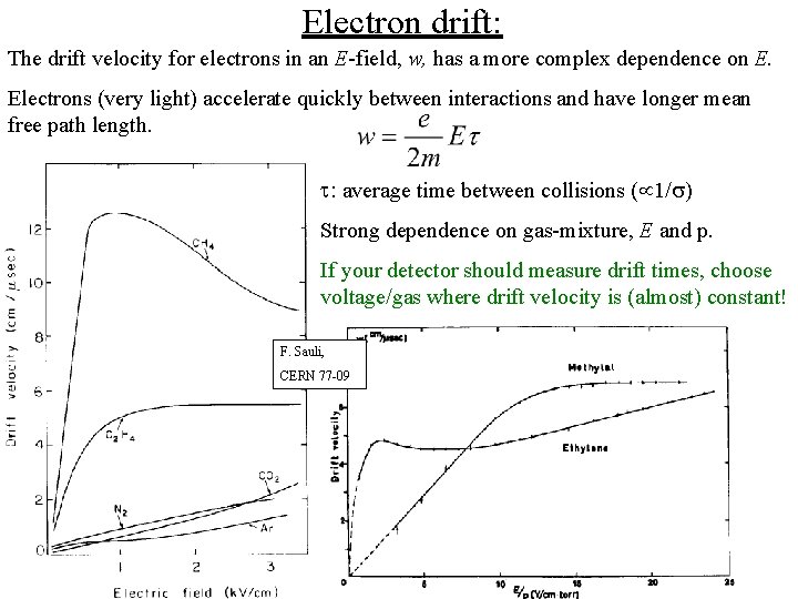 Electron drift: The drift velocity for electrons in an E-field, w, has a more