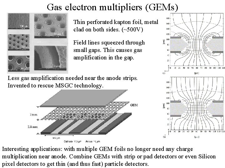 Gas electron multipliers (GEMs) Thin perforated kapton foil, metal clad on both sides. (~500