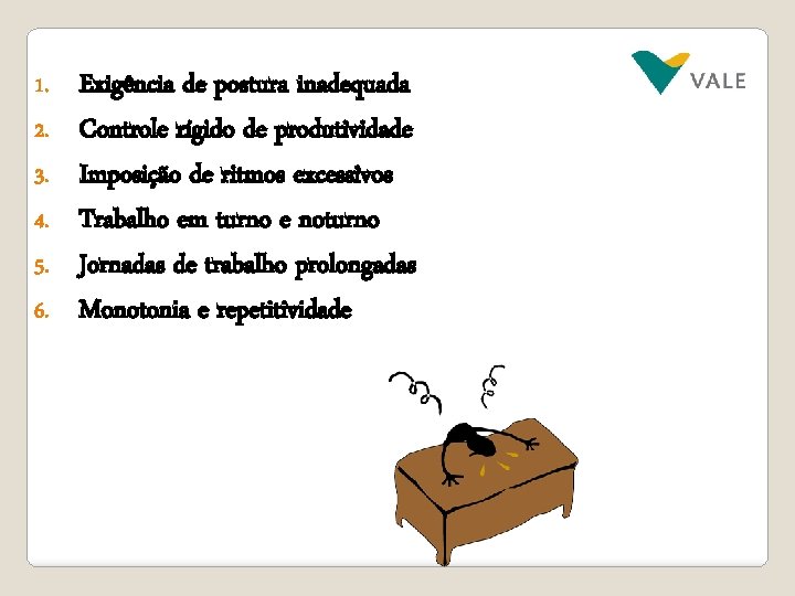 1. 2. 3. 4. 5. 6. Exigência de postura inadequada Controle rígido de produtividade