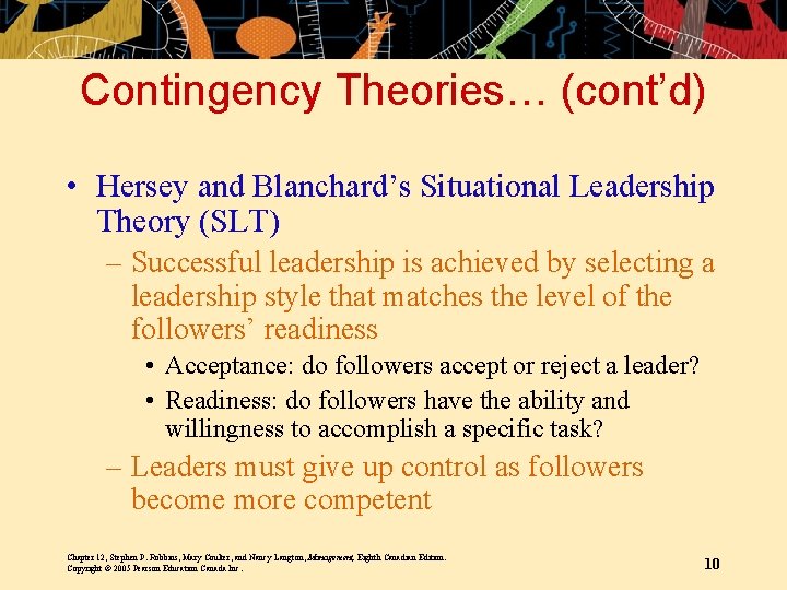 Contingency Theories… (cont’d) • Hersey and Blanchard’s Situational Leadership Theory (SLT) – Successful leadership