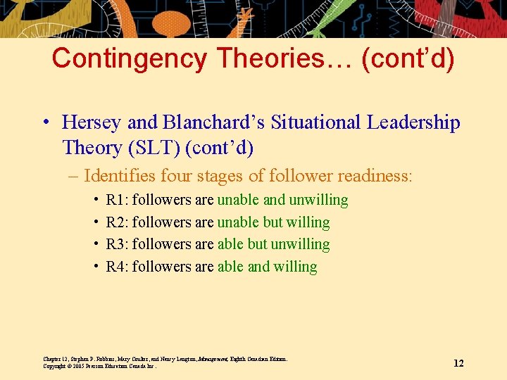 Contingency Theories… (cont’d) • Hersey and Blanchard’s Situational Leadership Theory (SLT) (cont’d) – Identifies