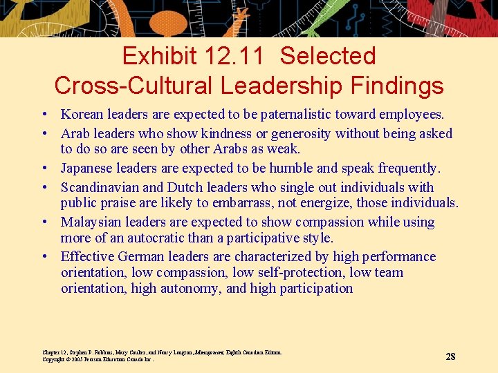 Exhibit 12. 11 Selected Cross-Cultural Leadership Findings • Korean leaders are expected to be