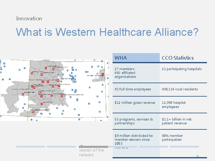 Innovation What is Western Healthcare Alliance? season of the network WHA CCO Statistics 27