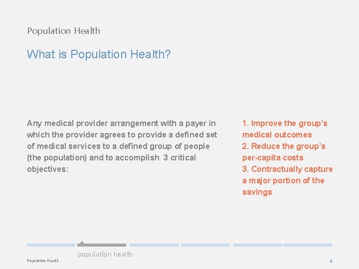 Population Health What is Population Health? Any medical provider arrangement with a payer in