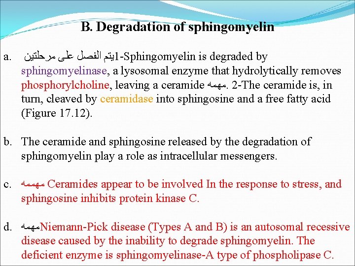B. Degradation of sphingomyelin a. ﻣﺮﺣﻠﺘﻴﻦ ﻋﻠﻰ ﺍﻟﻔﺼﻞ ﻳﺘﻢ 1 -Sphingomyelin is degraded by