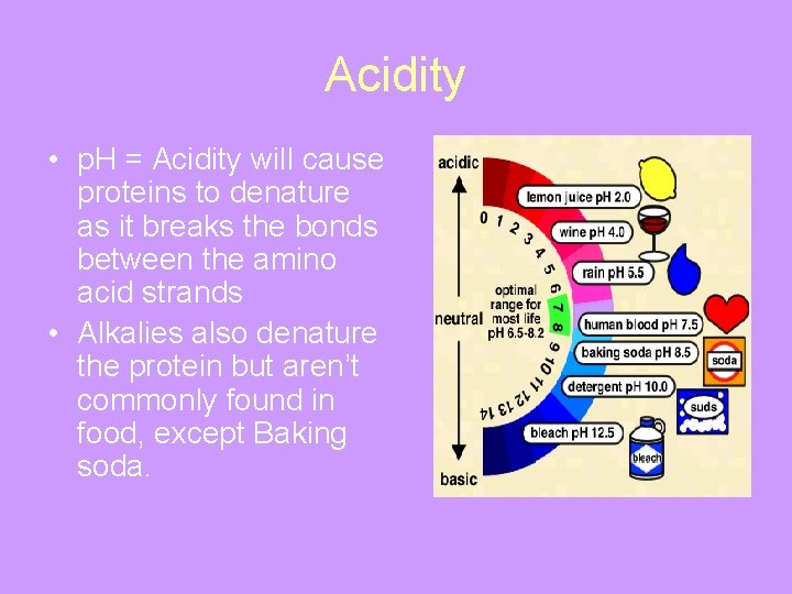Acidity • p. H = Acidity will cause proteins to denature as it breaks