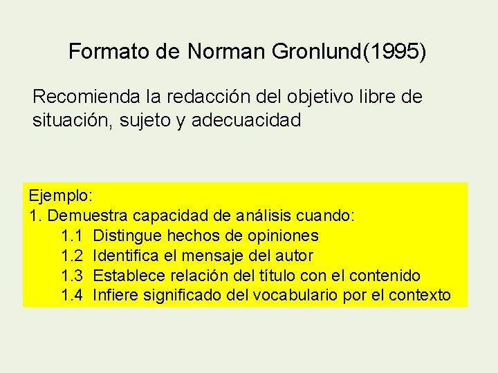 Formato de Norman Gronlund(1995) Recomienda la redacción del objetivo libre de situación, sujeto y
