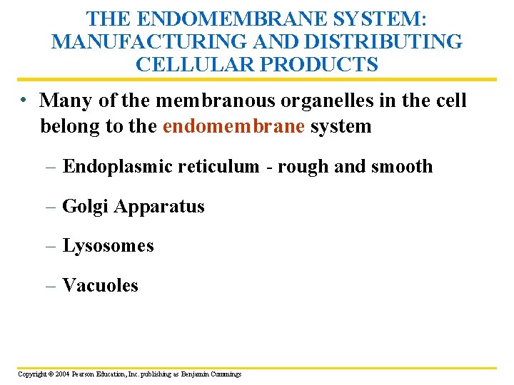 THE ENDOMEMBRANE SYSTEM: MANUFACTURING AND DISTRIBUTING CELLULAR PRODUCTS • Many of the membranous organelles