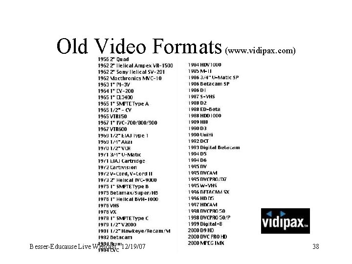 Old Video Formats (www. vidipax. com) Besser-Educause Live Webcast 12/19/07 38 