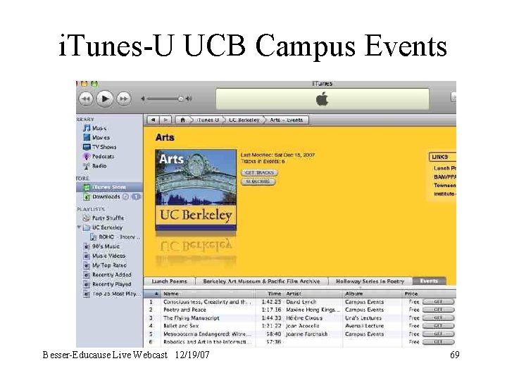 i. Tunes-U UCB Campus Events Besser-Educause Live Webcast 12/19/07 69 