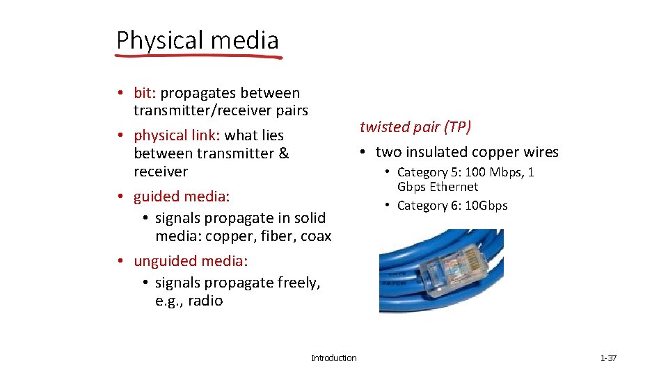 Physical media • bit: propagates between transmitter/receiver pairs • physical link: what lies between