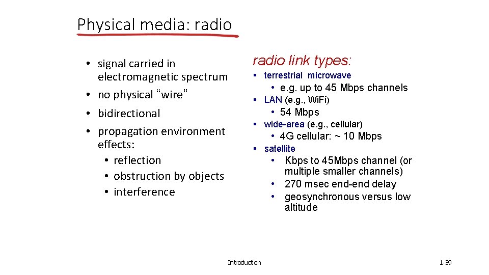 Physical media: radio • signal carried in electromagnetic spectrum • no physical “wire” •