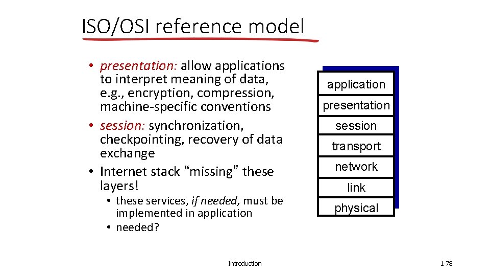 ISO/OSI reference model • presentation: allow applications to interpret meaning of data, e. g.