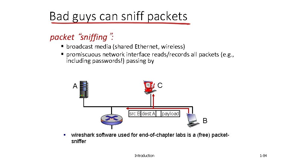 Bad guys can sniff packets packet “sniffing”: § broadcast media (shared Ethernet, wireless) §