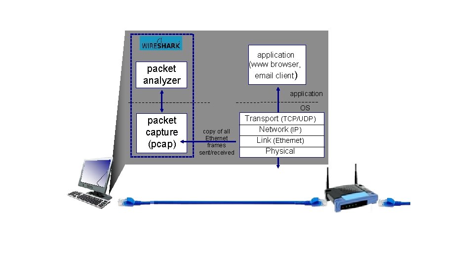 application (www browser, email client) packet analyzer application OS packet capture (pcap) copy of