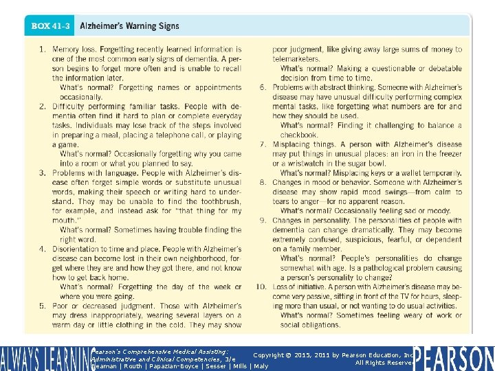 BOX 41 -3 Alzheimer’s Warning Signs Pearson's Comprehensive Medical Assisting: Copyright © 2015, 2011