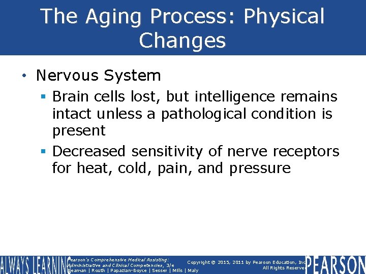 The Aging Process: Physical Changes • Nervous System § Brain cells lost, but intelligence