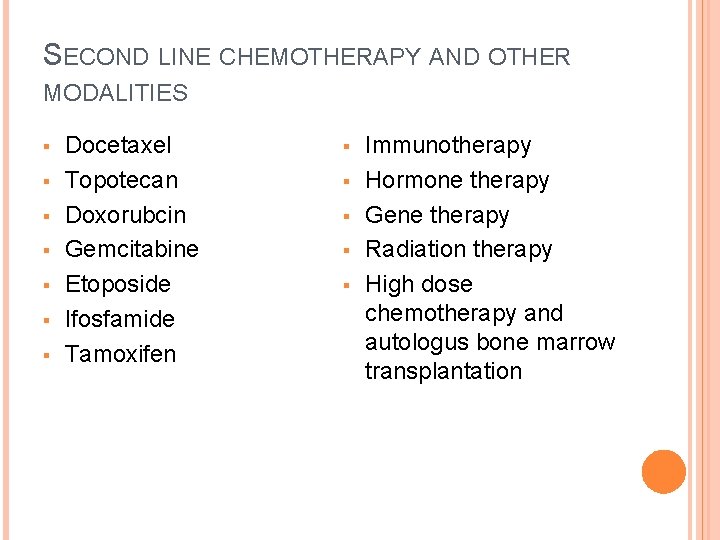 SECOND LINE CHEMOTHERAPY AND OTHER MODALITIES § § § § Docetaxel Topotecan Doxorubcin Gemcitabine