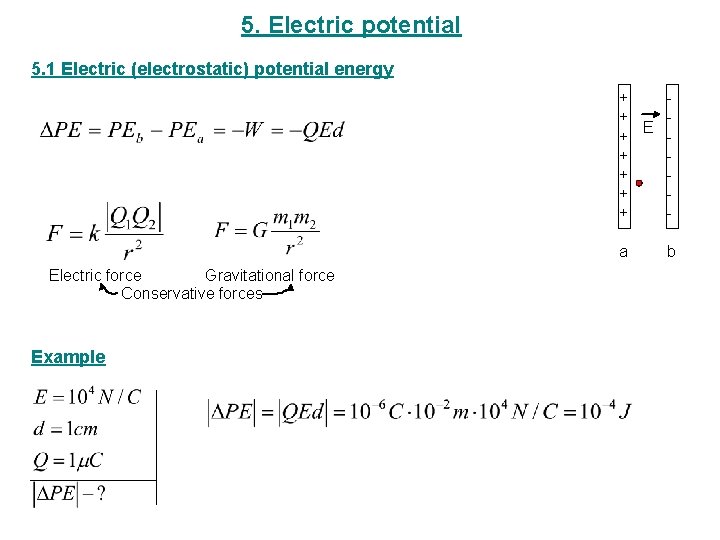 5. Electric potential 5. 1 Electric (electrostatic) potential energy + + E + +
