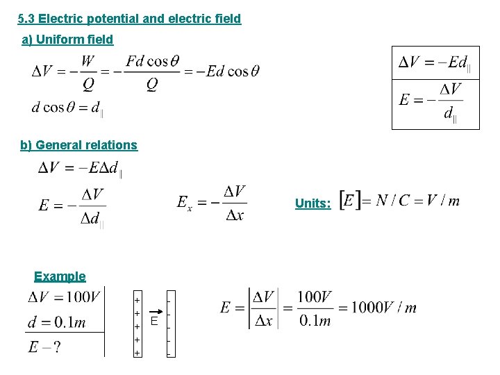 5. 3 Electric potential and electric field a) Uniform field b) General relations Units: