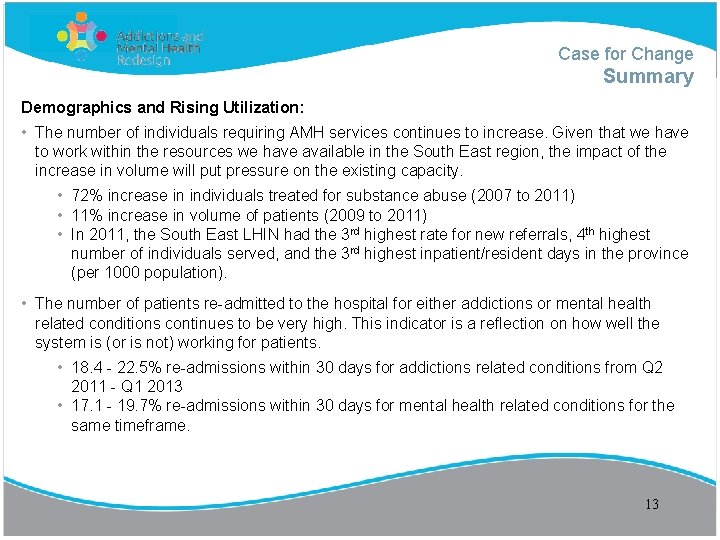 Case for Change Summary Demographics and Rising Utilization: • The number of individuals requiring