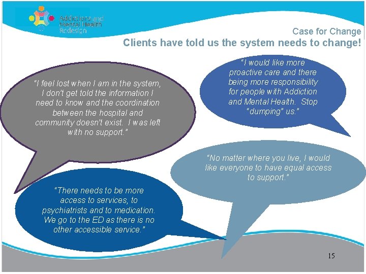 Case for Change Clients have told us the system needs to change! “I feel