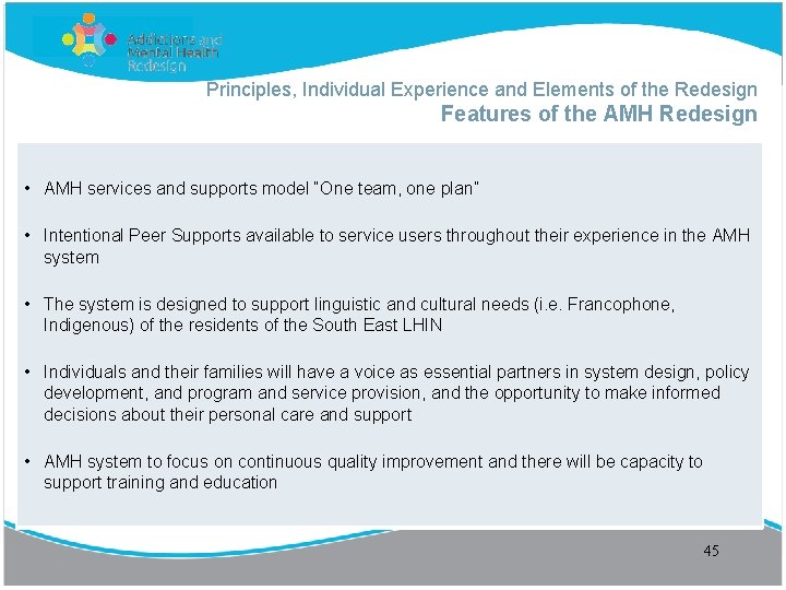 Principles, Individual Experience and Elements of the Redesign Features of the AMH Redesign •