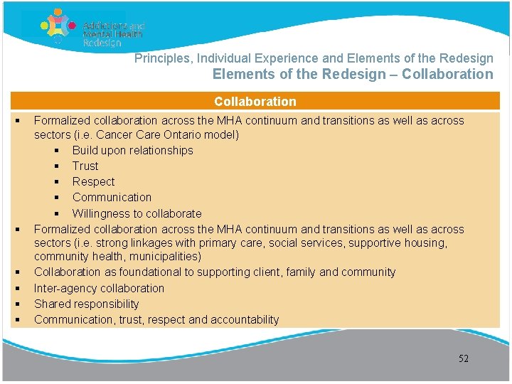 Principles, Individual Experience and Elements of the Redesign – Collaboration Formalized collaboration across the