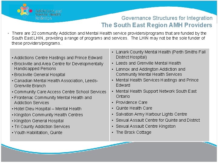 Governance Structures for Integration The South East Region AMH Providers • There are 22