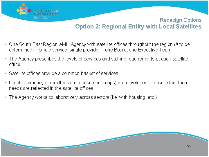 Redesign Options Option 3: Regional Entity with Local Satellites • One South East Region