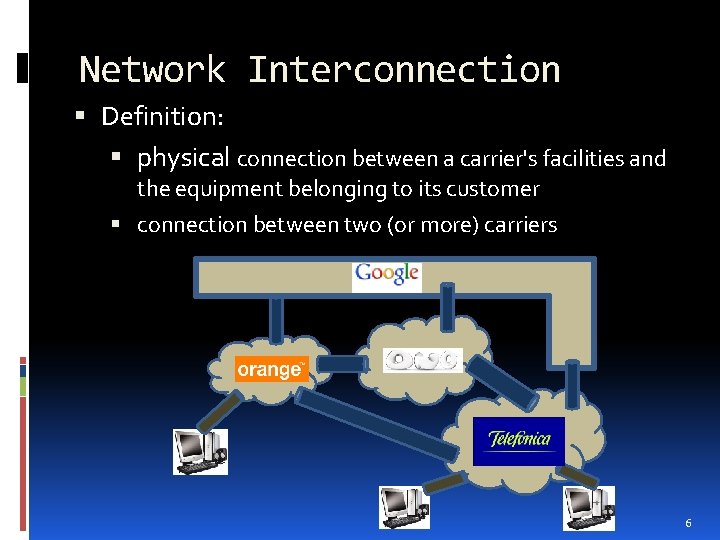 Network Interconnection Definition: physical connection between a carrier's facilities and the equipment belonging to