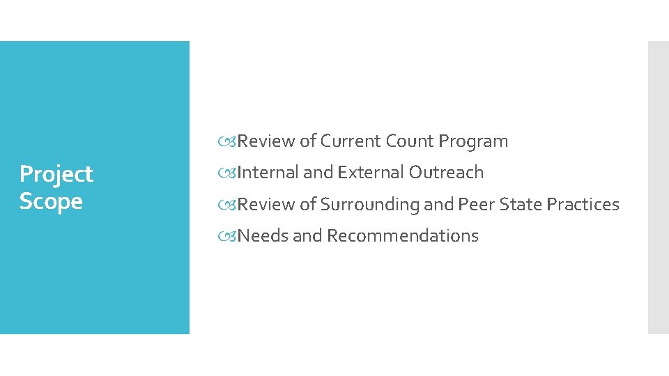  Review of Current Count Program Project Scope Internal and External Outreach Review of