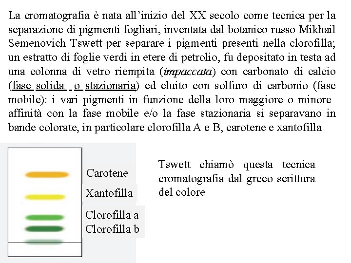 La cromatografia è nata all’inizio del XX secolo come tecnica per la separazione di