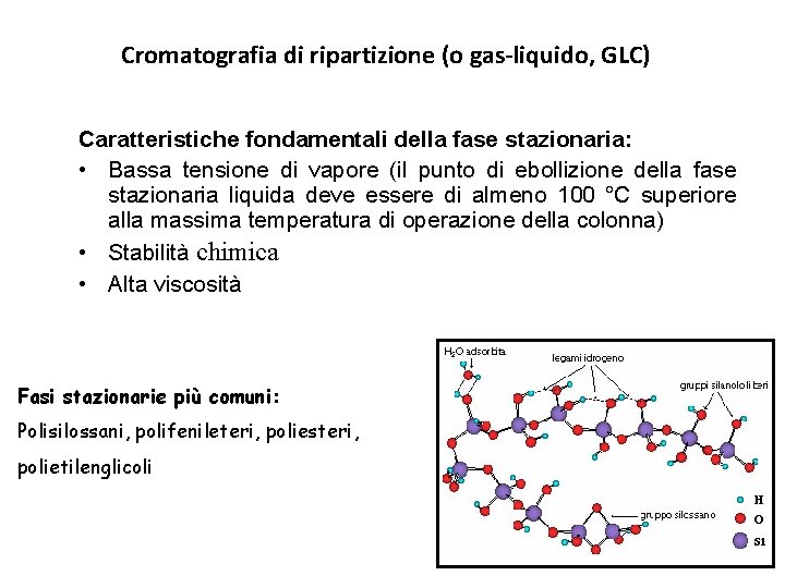 Cromatografia di ripartizione (o gas-liquido, GLC) Caratteristiche fondamentali della fase stazionaria: • Bassa tensione