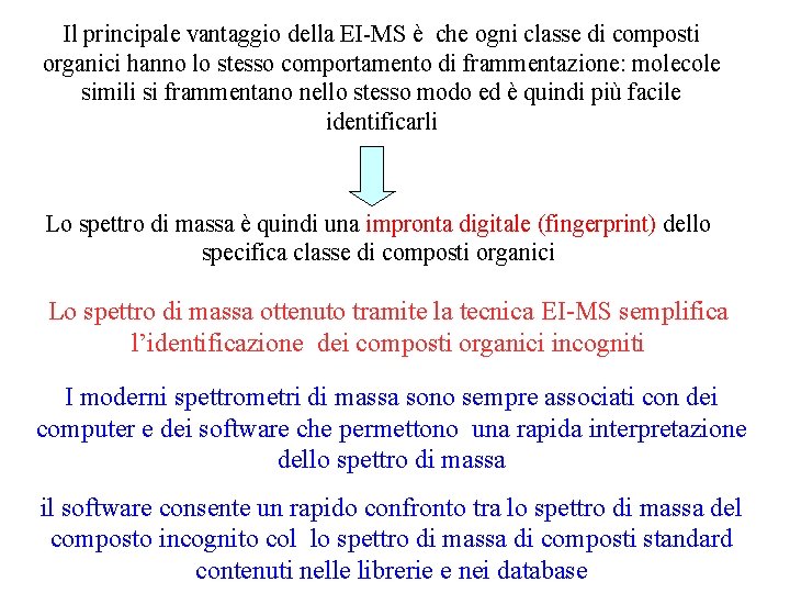 Il principale vantaggio della EI-MS è che ogni classe di composti organici hanno lo