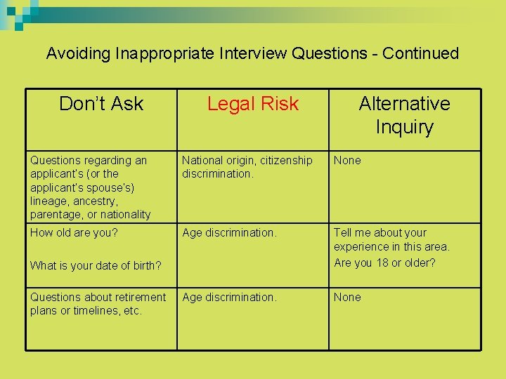Avoiding Inappropriate Interview Questions - Continued Don’t Ask Legal Risk Alternative Inquiry Questions regarding