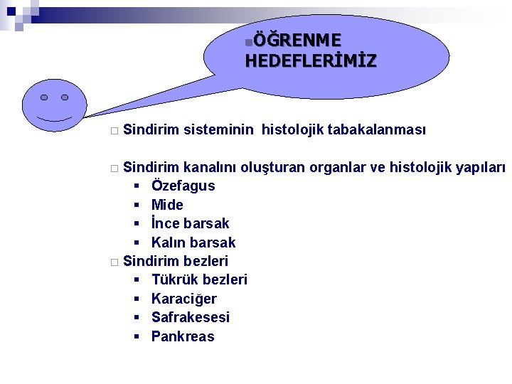 nÖĞRENME HEDEFLERİMİZ ¨ Sindirim sisteminin histolojik tabakalanması Sindirim kanalını oluşturan organlar ve histolojik yapıları