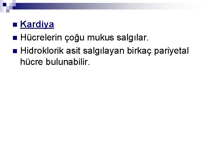 Kardiya n Hücrelerin çoğu mukus salgılar. n Hidroklorik asit salgılayan birkaç pariyetal hücre bulunabilir.