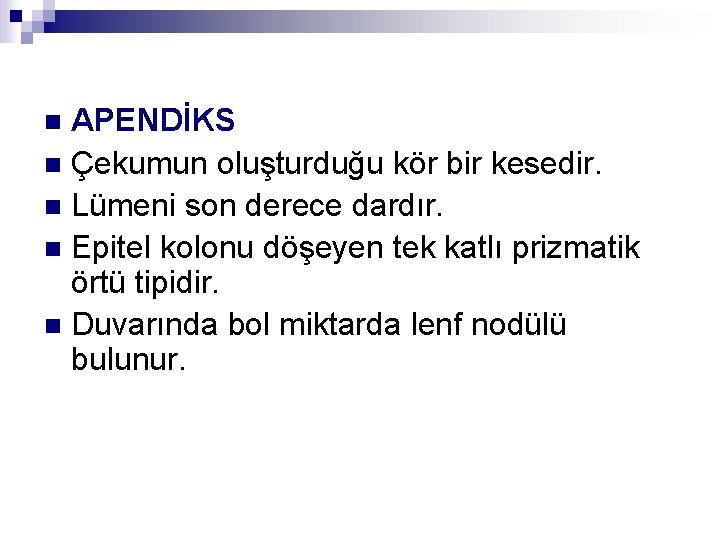 APENDİKS n Çekumun oluşturduğu kör bir kesedir. n Lümeni son derece dardır. n Epitel