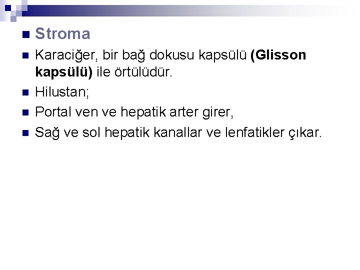 n Stroma n Karaciğer, bir bağ dokusu kapsülü (Glisson kapsülü) ile örtülüdür. Hilustan; Portal